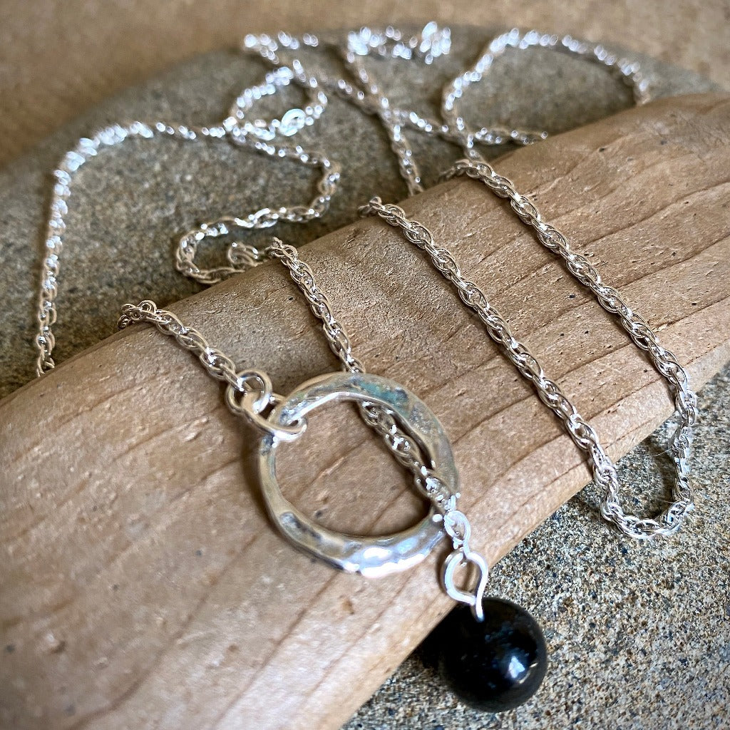 Essential Shungite Necklace, Lariat, Hammered Sterling Silver Ring