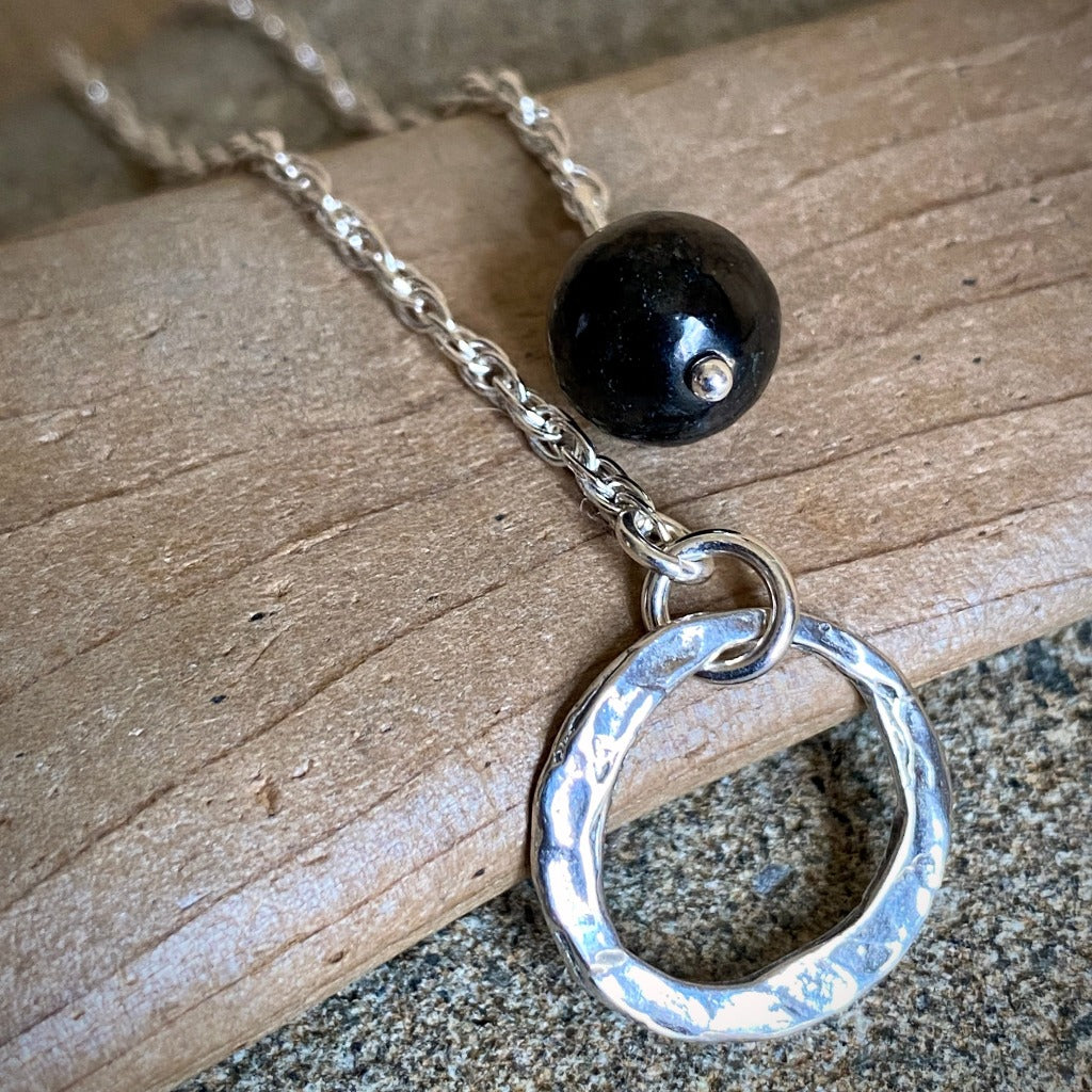 Essential Shungite Necklace, Lariat, Hammered Sterling Silver Ring