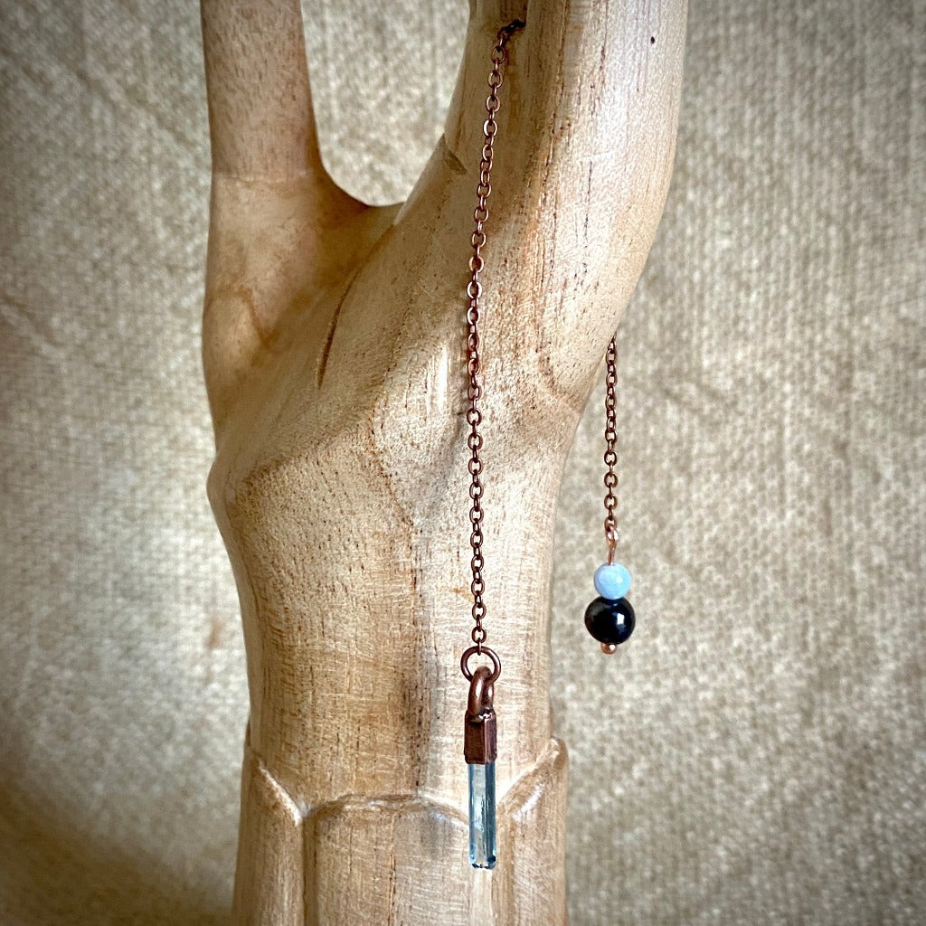 Raw Aquamarine Crystal Pendulum on Copper Chain with Shungite Grip