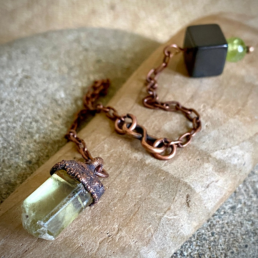 Apatite Crystal Pendulum on Copper Chain with Peridot & Shungite Grip