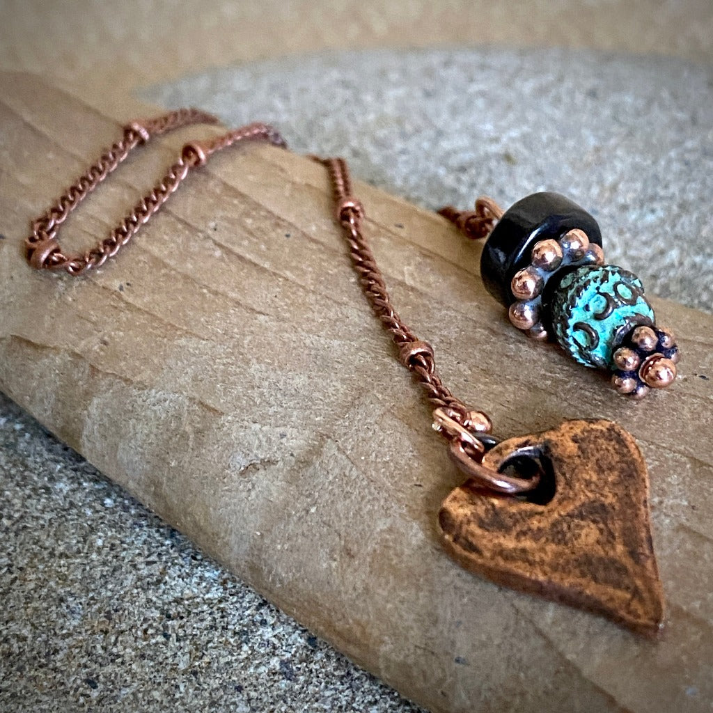 Copper Heart Pendulum, Satellite Chain, Shungite & Copper Patina Grip