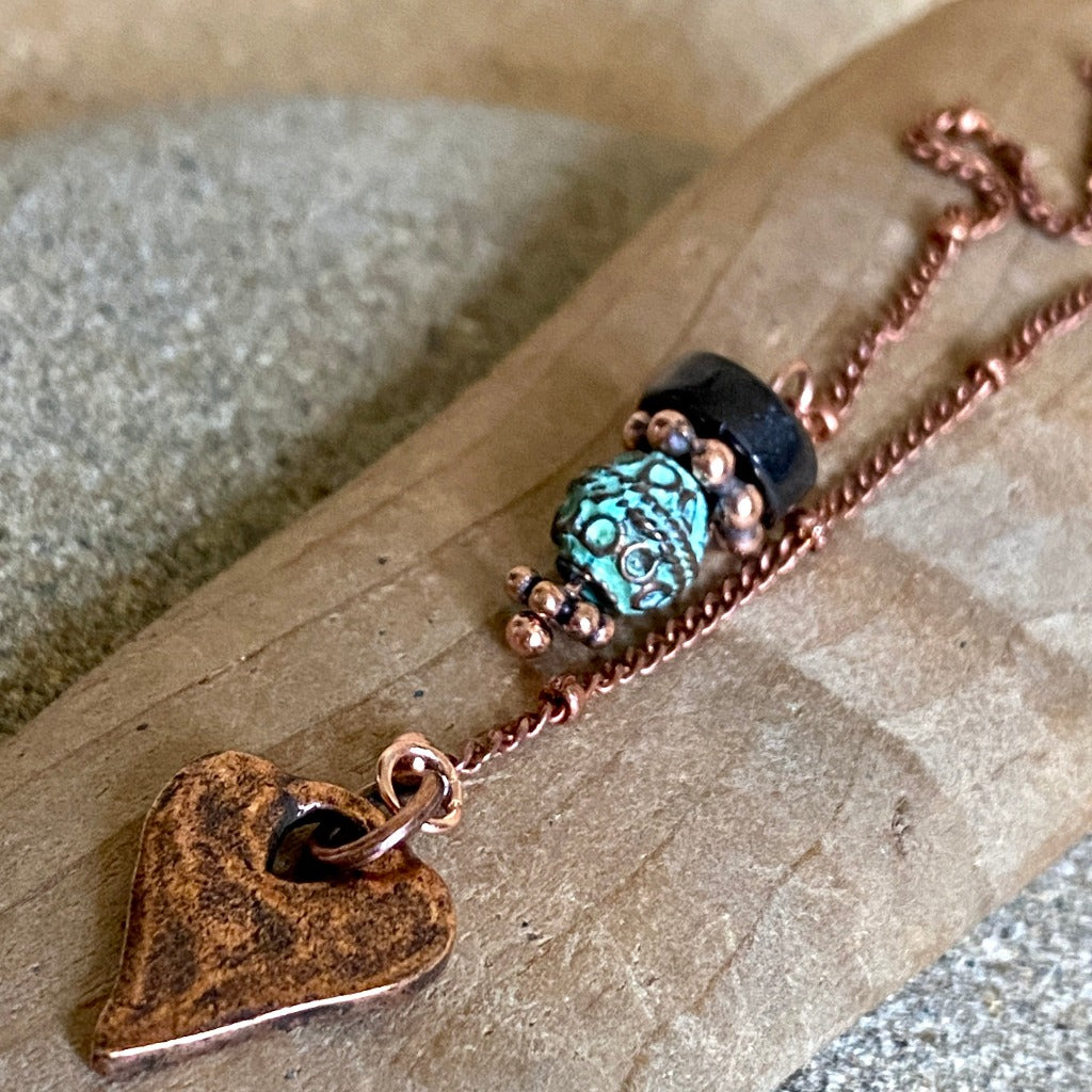 Copper Heart Pendulum, Satellite Chain, Shungite & Copper Patina Grip