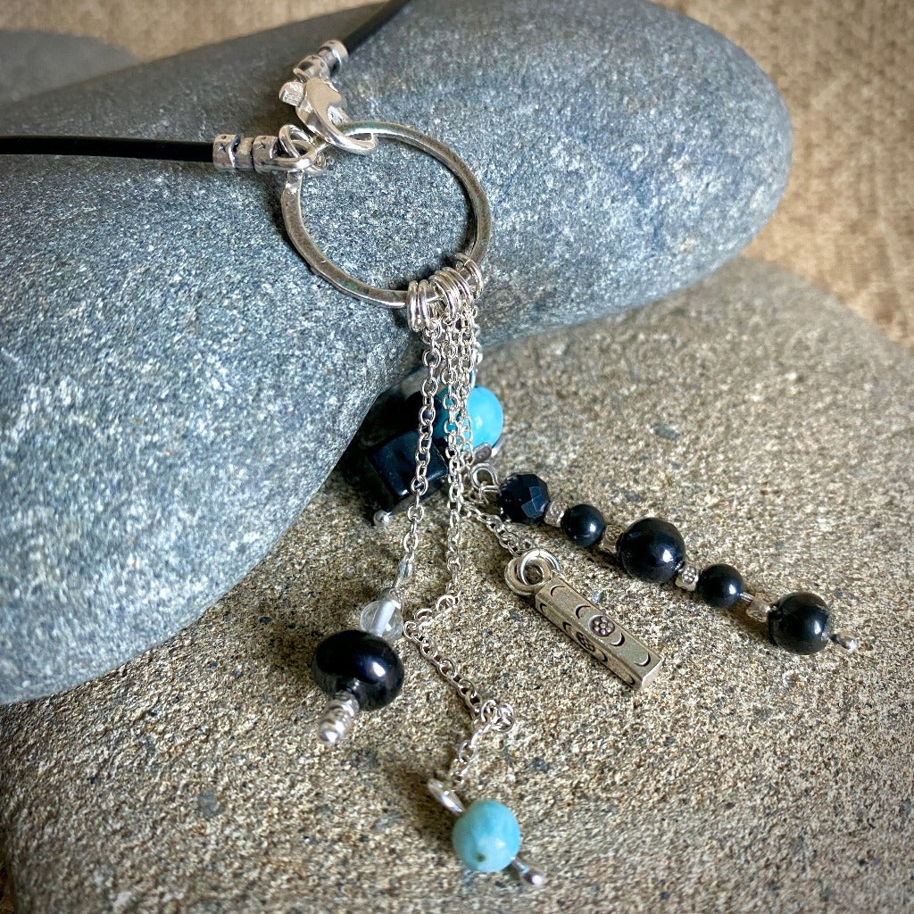 Shungite & Larimar Lariat Necklace, Leather, Sterling, Dolphin Clasp