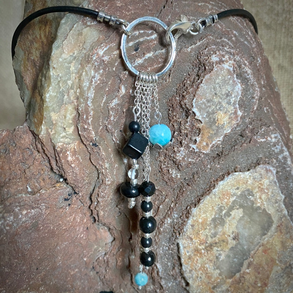 Shungite & Larimar Lariat Necklace, Leather, Sterling, Dolphin Clasp