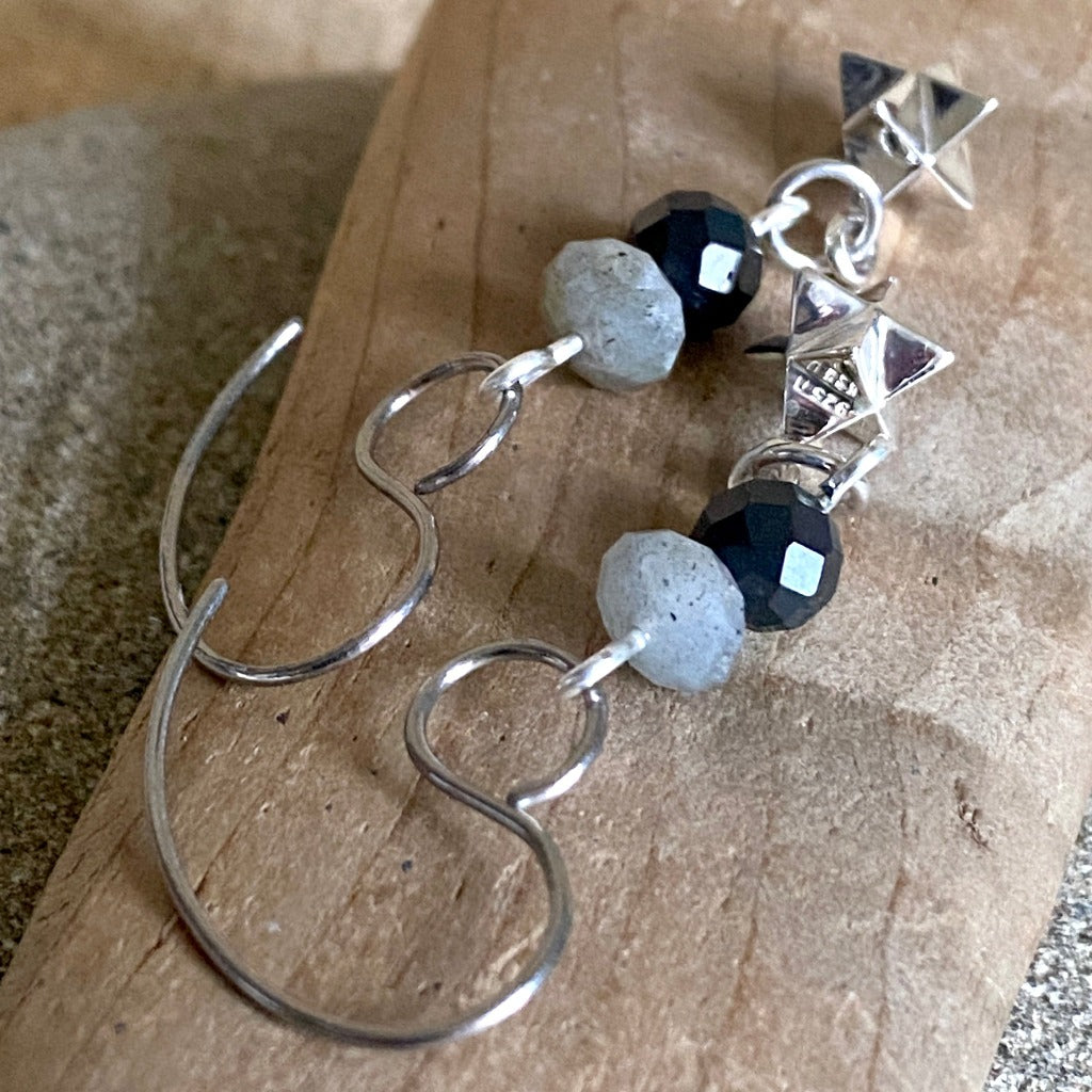 Dangly Sterling Silver Merkaba Earrings with Shungite & Labradorite