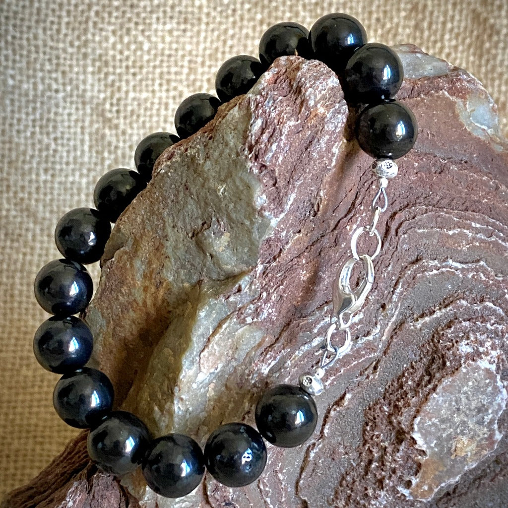 Shungite Bracelet, 10mm Round Beads, Sterling Silver Clasp