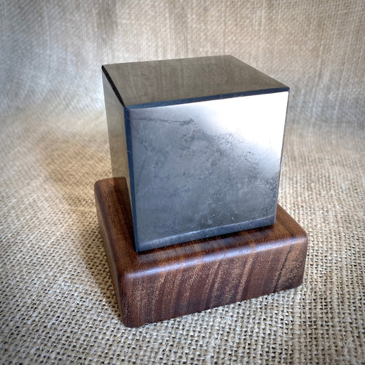 Shungite Cube, 2 Inch (50 mm) on Custom Mahogany Stand