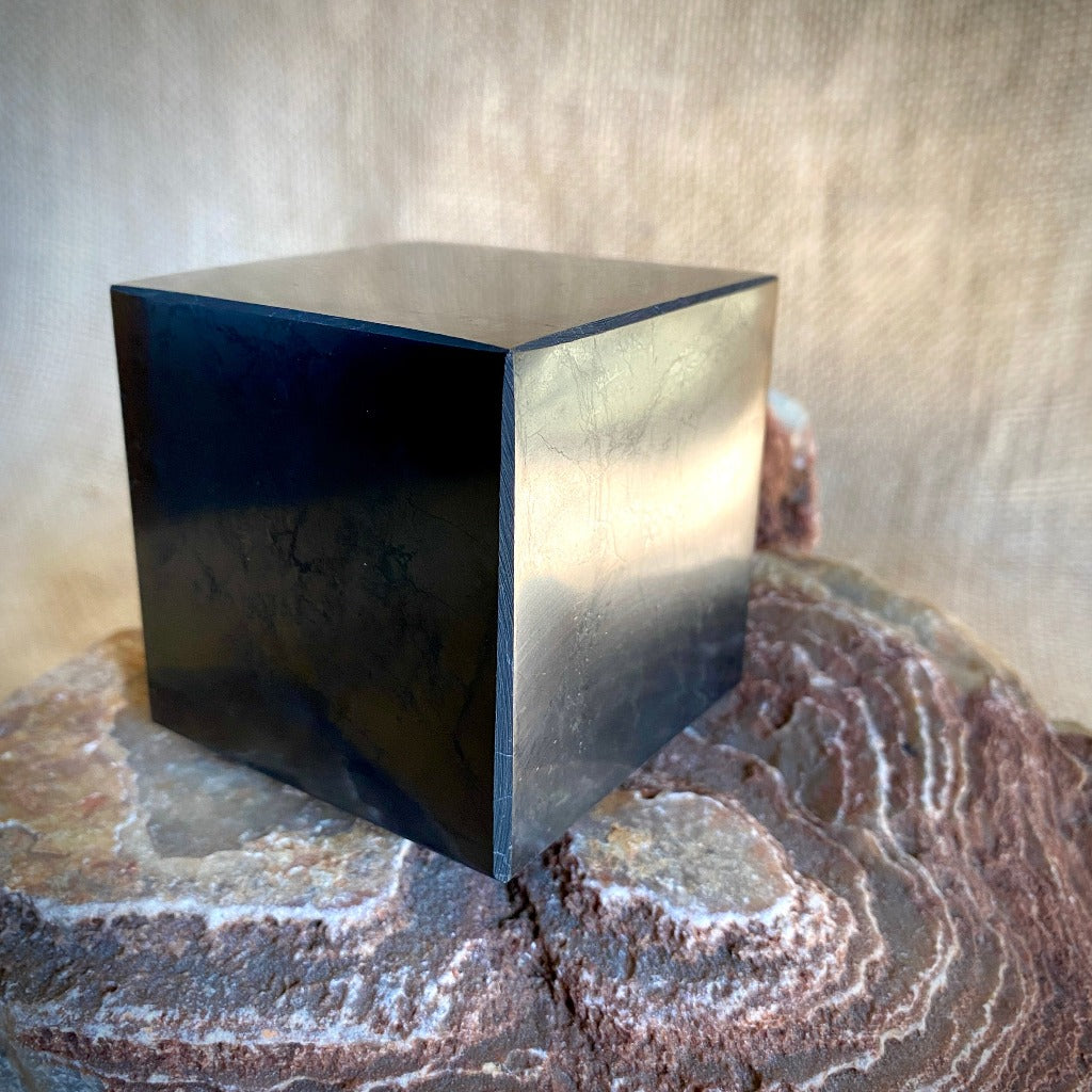 Shungite Cube, 2 Inch (50 mm) on Custom Mahogany Stand