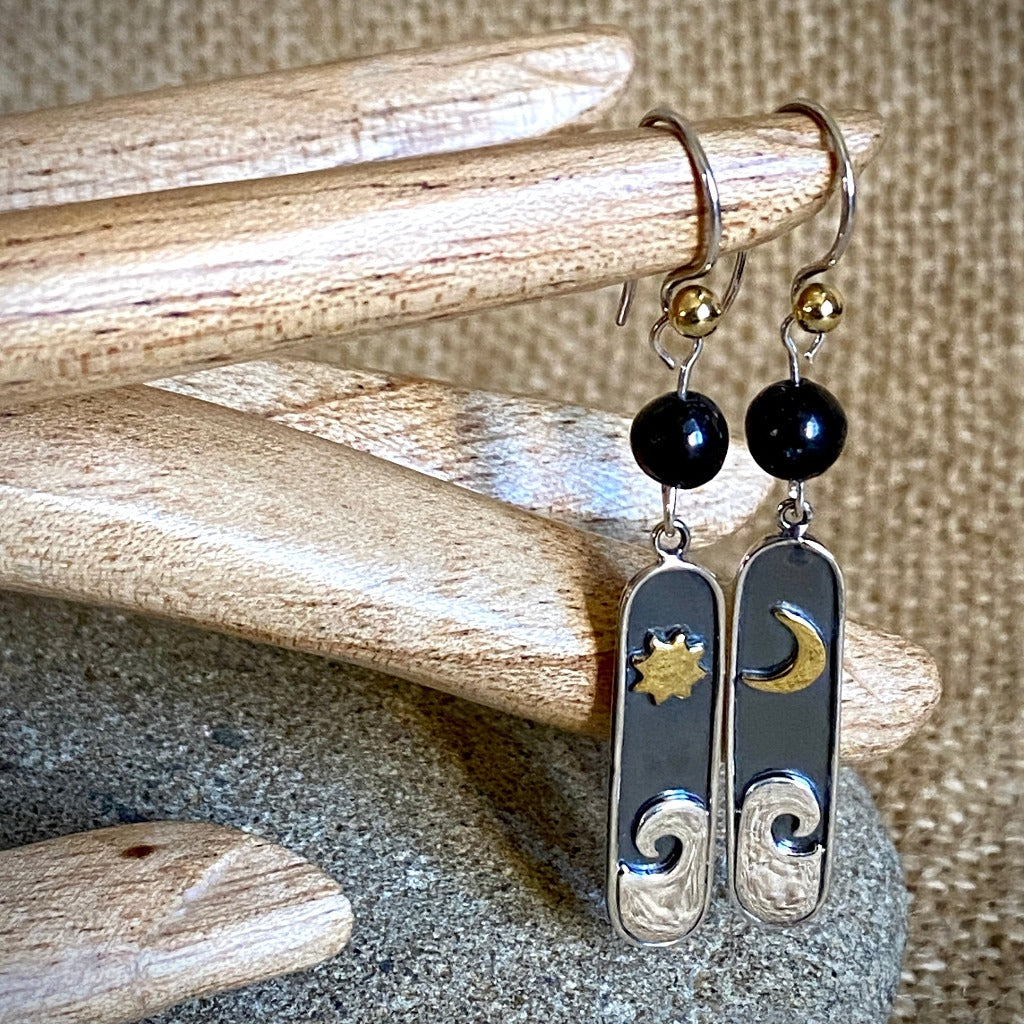 Shungite Earrings With Mixed Metals, Ocean Waves, Sun, Moon