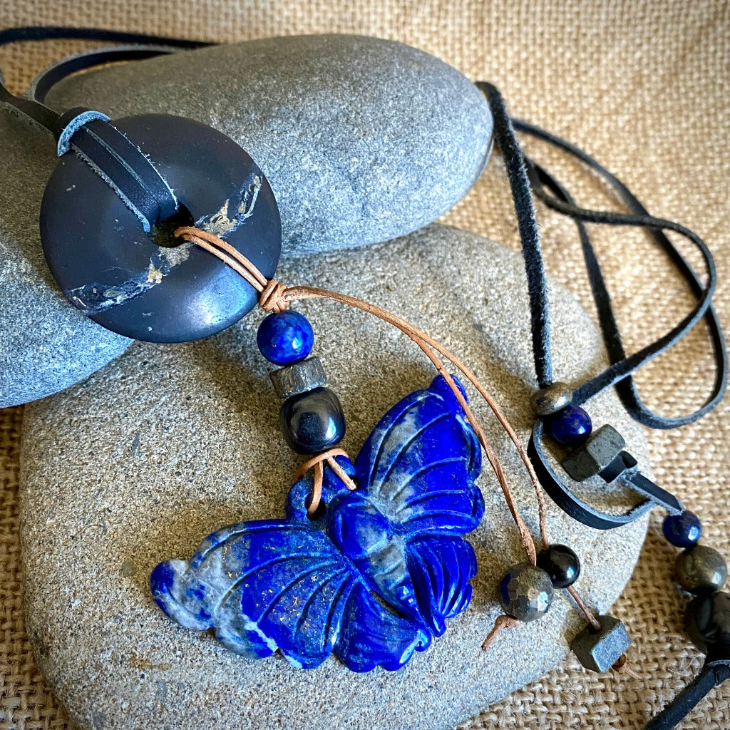 Lapis Butterfly Necklace with Shungite Donut, Natural Pyrite Beads