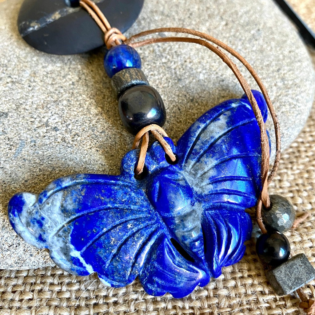 Lapis Butterfly Necklace with Shungite Donut, Natural Pyrite Beads