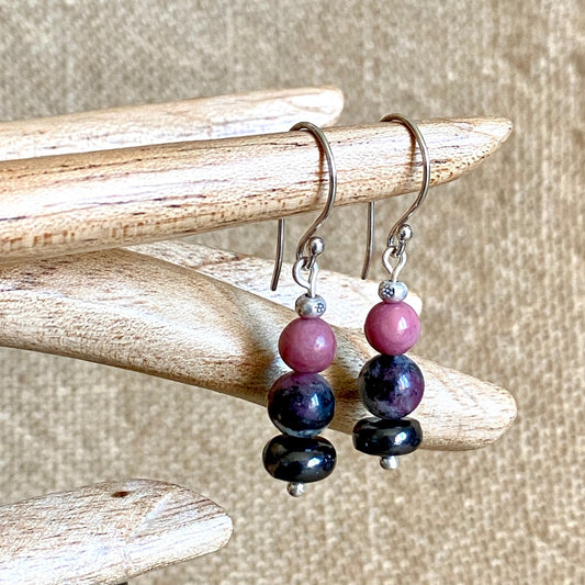Shungite Earrings with Rhodonite and Eudialyte, Love, Self Acceptance