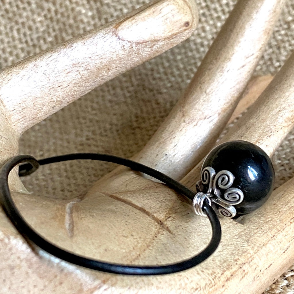 Round Shungite Bead Dangle Necklace with Sterling Silver and Black Leather
