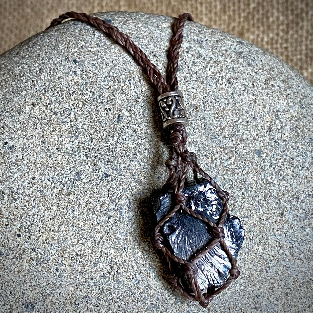 Elite Shungite Nugget Adjustable Macrame Necklace, Brown Waxed Cord