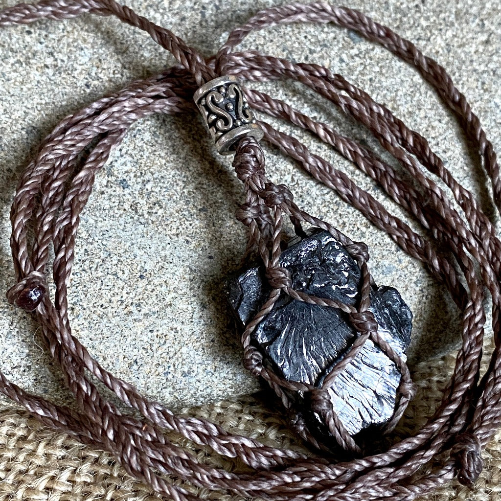 Elite Shungite Nugget Adjustable Macrame Necklace, Brown Waxed Cord
