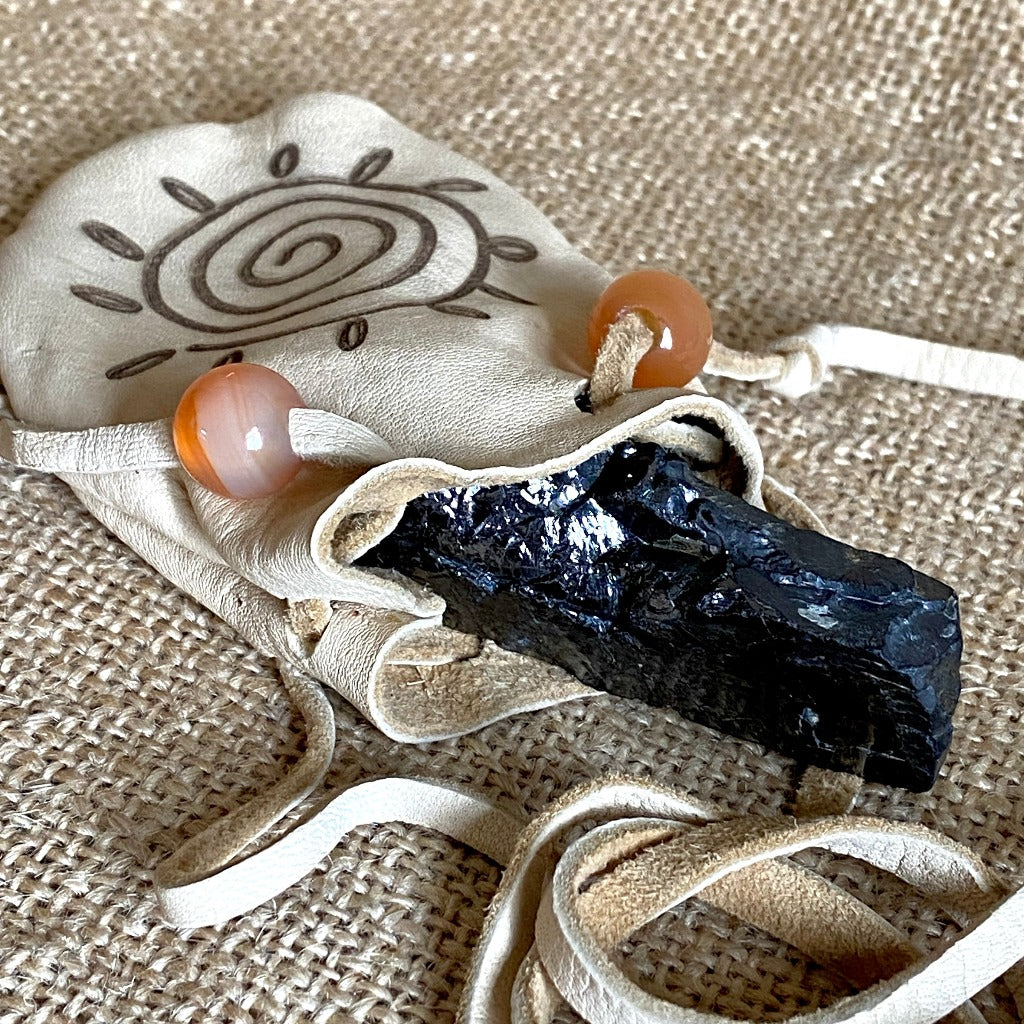 Elite Shungite Nugget in Deer Leather Neck Pouch, Carnelian Beads