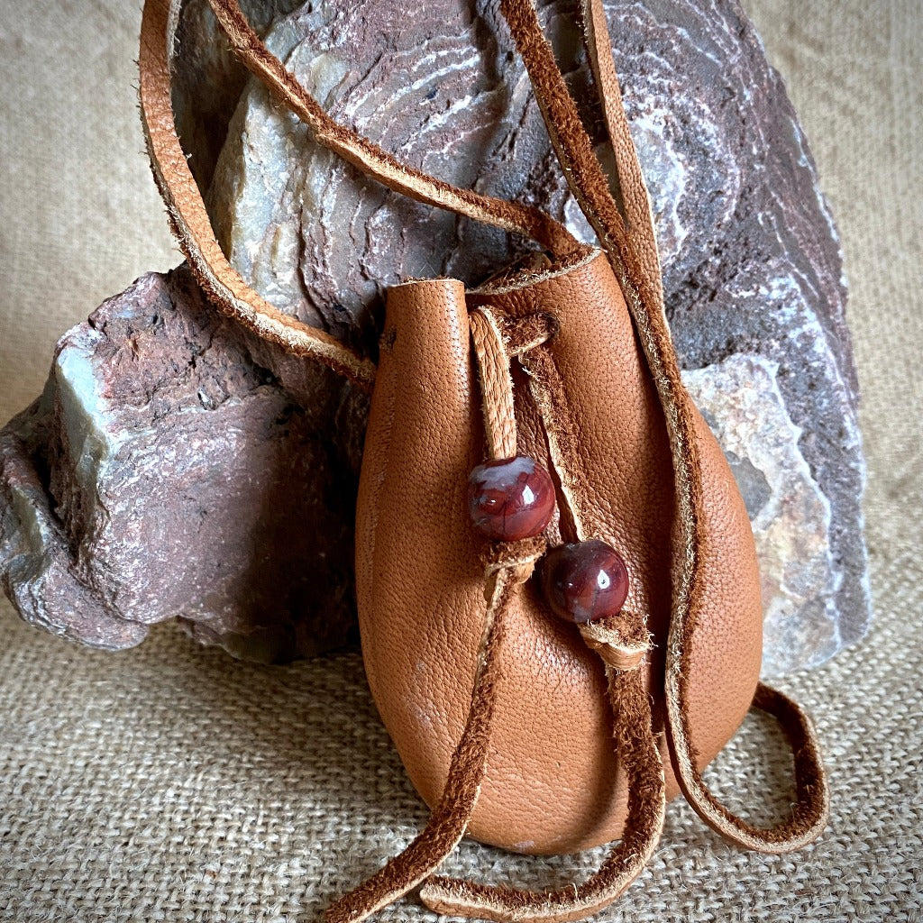 Shungite & Soapstone Harmonizers in Handmade Elk Leather Neck Pouch