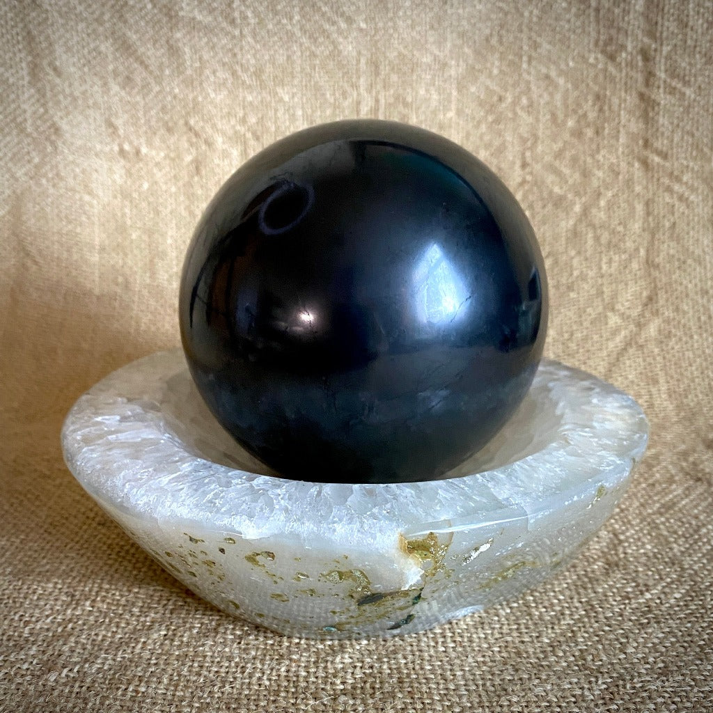 Large Genuine Black Shungite Sphere 100mm in Carved Agate Bowl