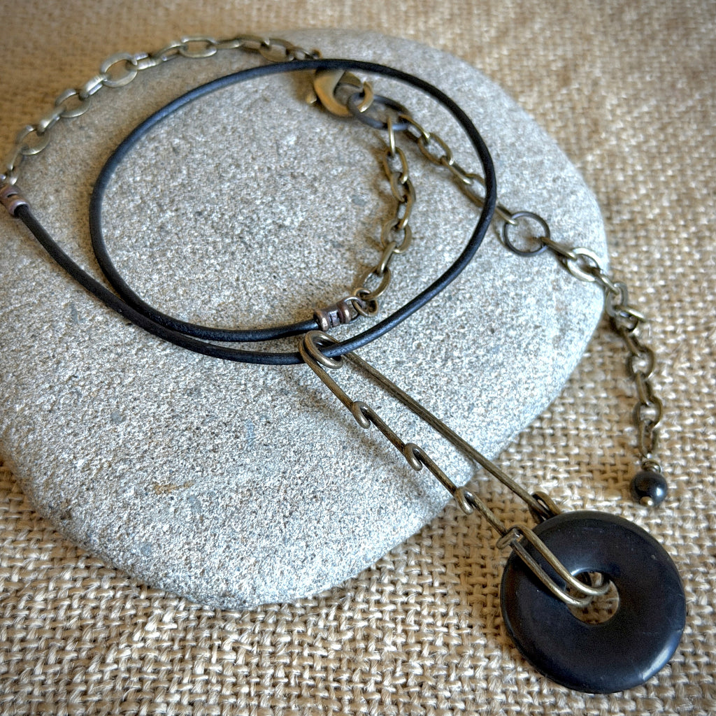Funky Shungite Donut Necklace | Brass Safety Pin Bail, Adjustable 4
