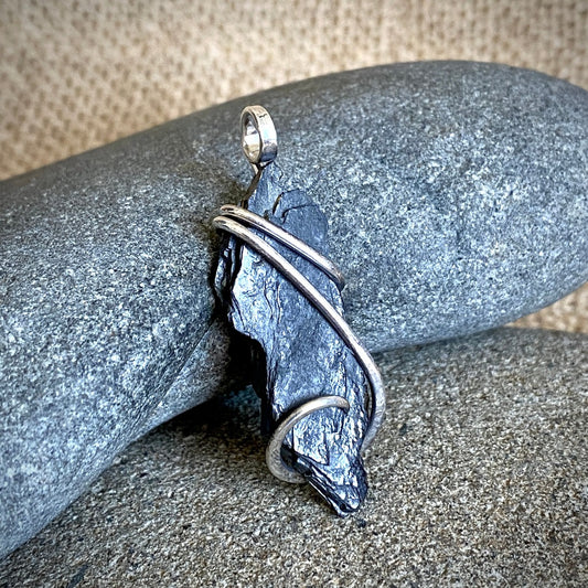 Elite Shungite Pendant, 45mm, Hand Forged Sterling Silver Wire Setting