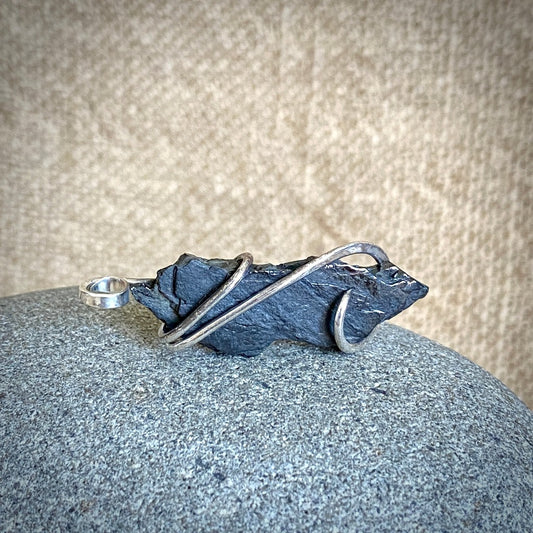 Elite Shungite Pendant, 45mm, Hand Forged Sterling Silver Wire Setting