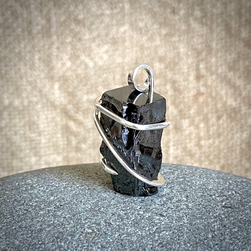 Elite Shungite Pendant, 25mm, Hand Forged Sterling Silver Wire Setting