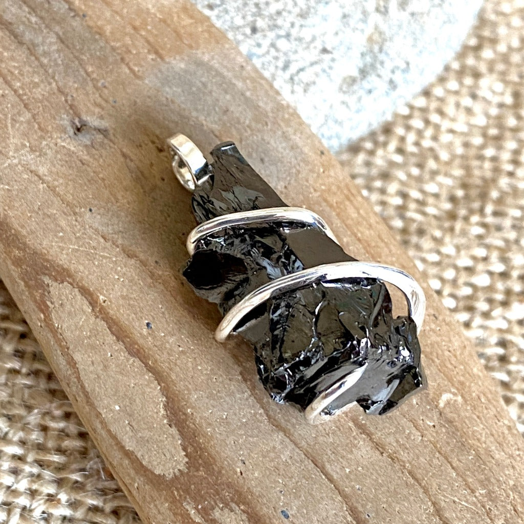 Elite Shungite Pendant, 32mm, Hand Forged Sterling Silver Wire Setting