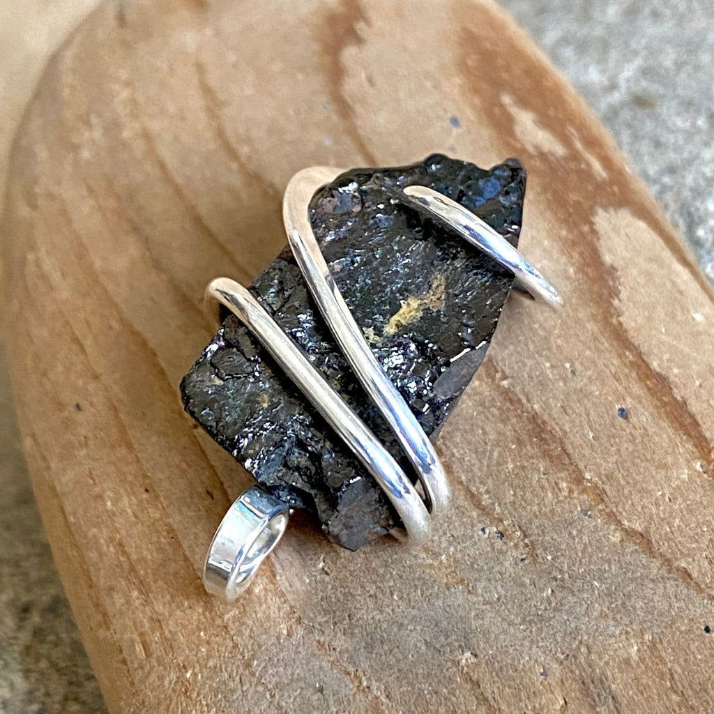 Elite Shungite Pendant, 26mm, Hand Forged Sterling Silver Wire Setting