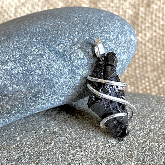 Elite Shungite Pendant, 35mm, Hand Forged Sterling Silver Wire Setting