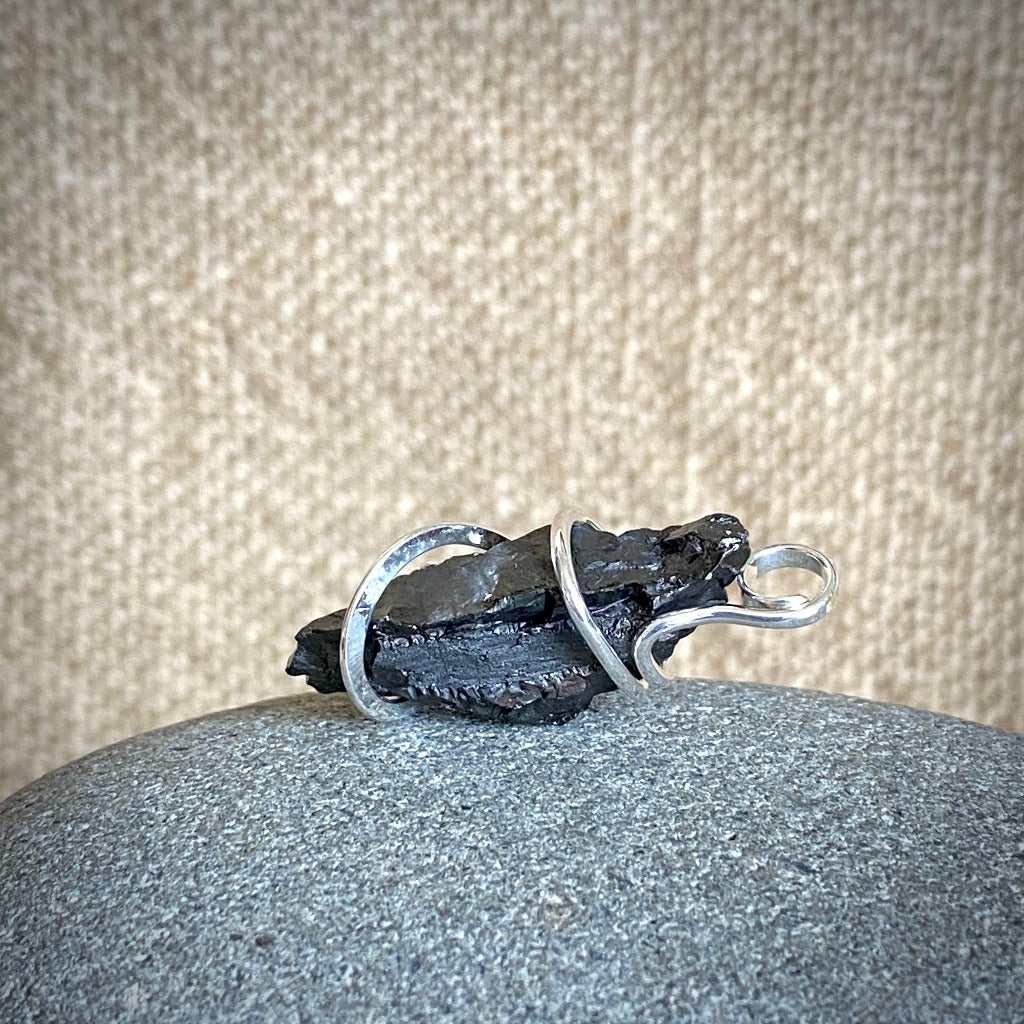 Elite Shungite Pendant, 35mm, Hand Forged Sterling Silver Wire Setting