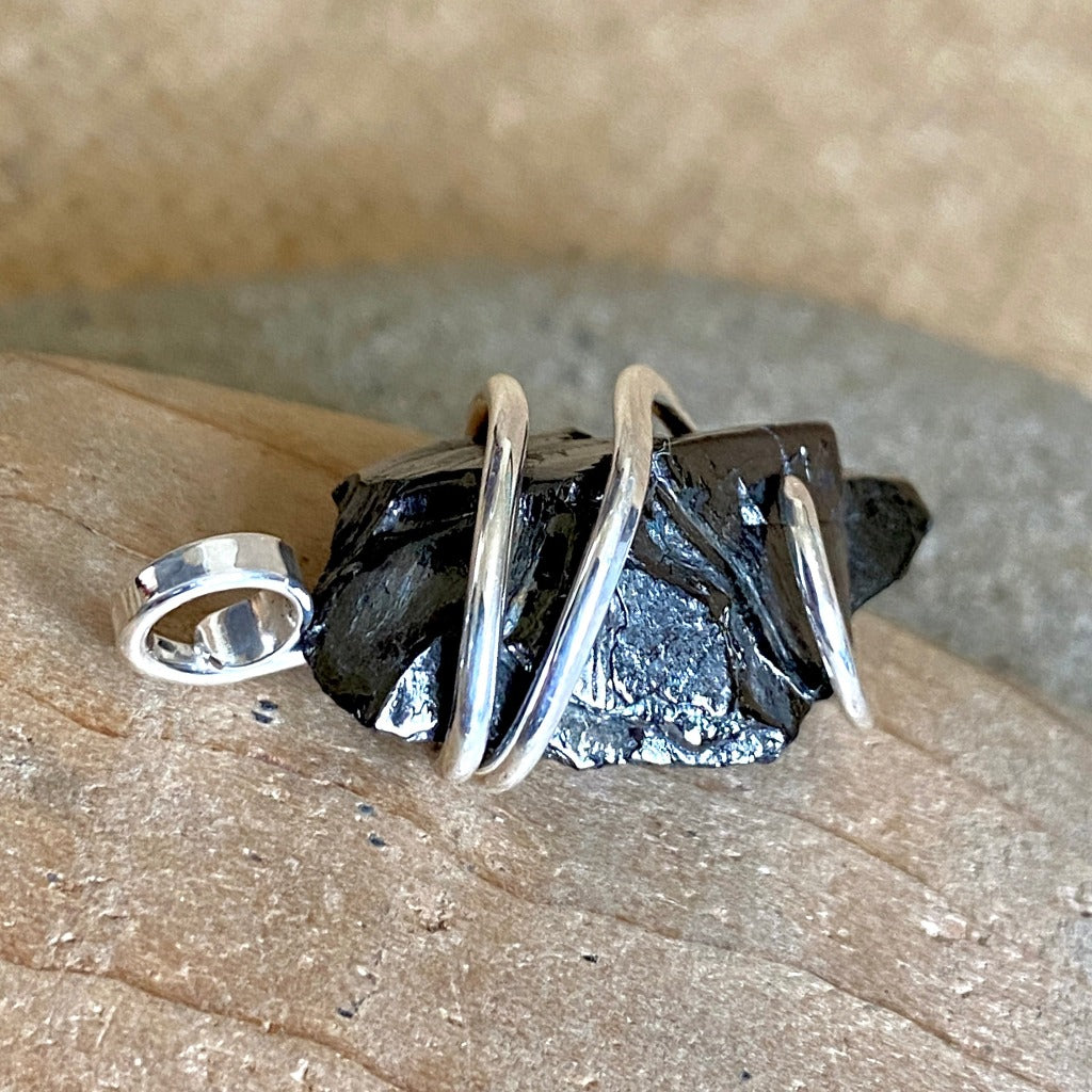 Elite Shungite Pendant, 30mm, Hand Forged Sterling Silver Wire Setting