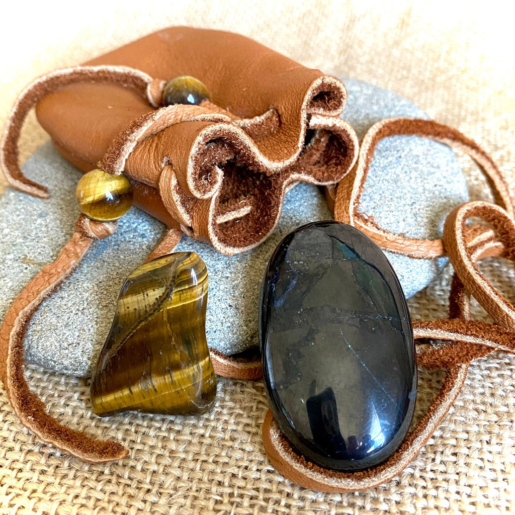 Shungite Palm Stone with Tiger's Eye in Elk Leather Neck Pouch
