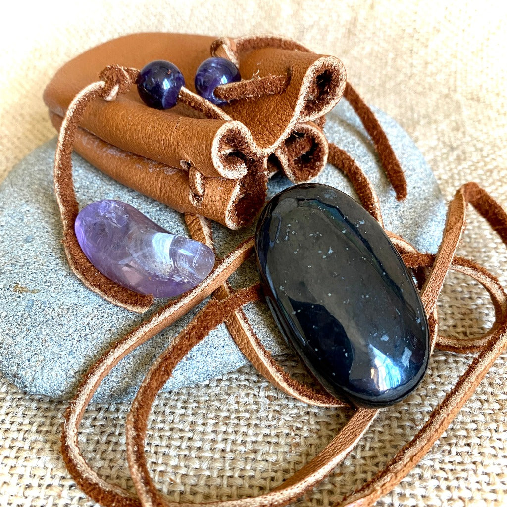 Shungite Palm Stone with Tumbled Amethyst in Elk Leather Neck Pouch