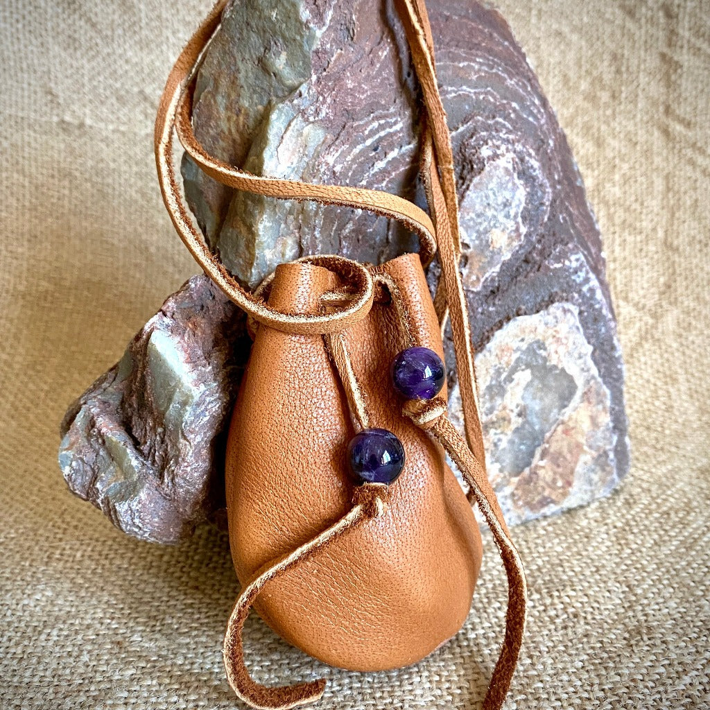 Shungite Palm Stone with Tumbled Amethyst in Elk Leather Neck Pouch
