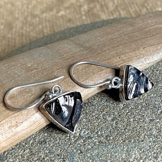 Sterling Silver Elite Shungite Vintage Triangle Earrings, Petite