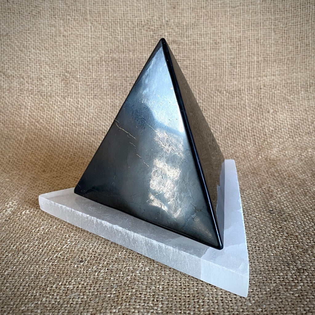 Shungite Tetrahedron, 100mm, on Triangular Selenite Slab - Rare Beauty