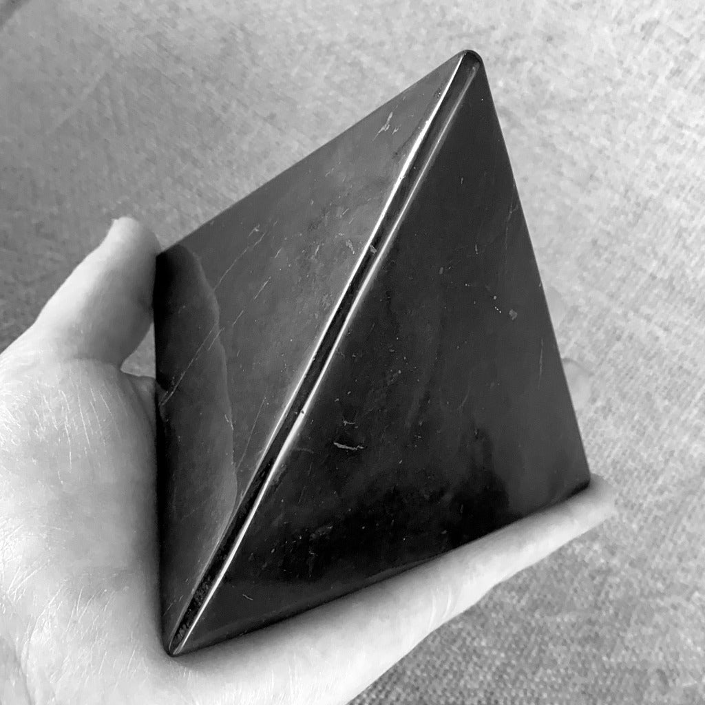 Shungite Tetrahedron, 100mm, on Triangular Selenite Slab - Rare Beauty