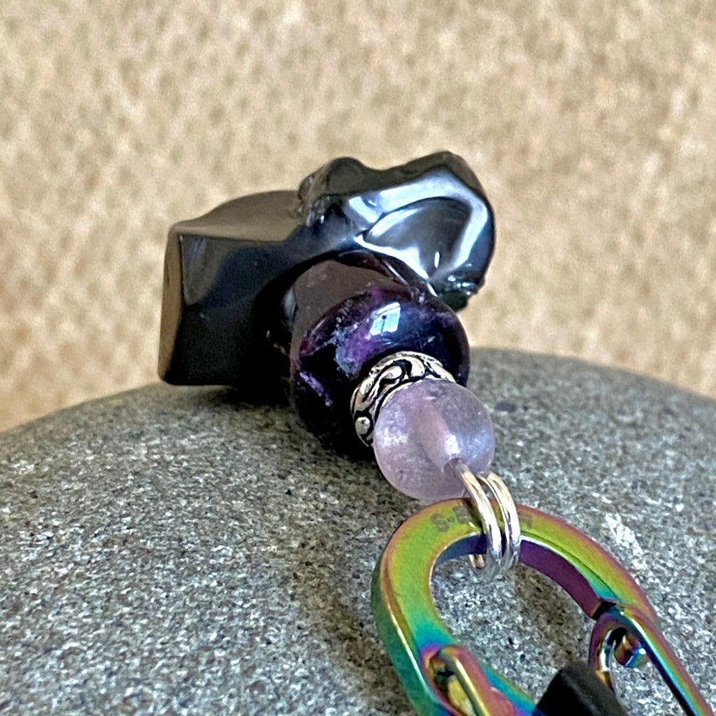 Elite Shungite & Purple Fluorite Clip-On, Stainless Steel Carabiner