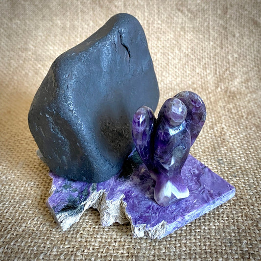 Chevron Amethyst Angel on Polished Charoite with River Tumbled Shungite