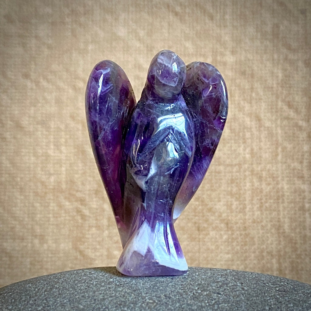 Chevron Amethyst Angel on Polished Charoite with River Tumbled Shungite