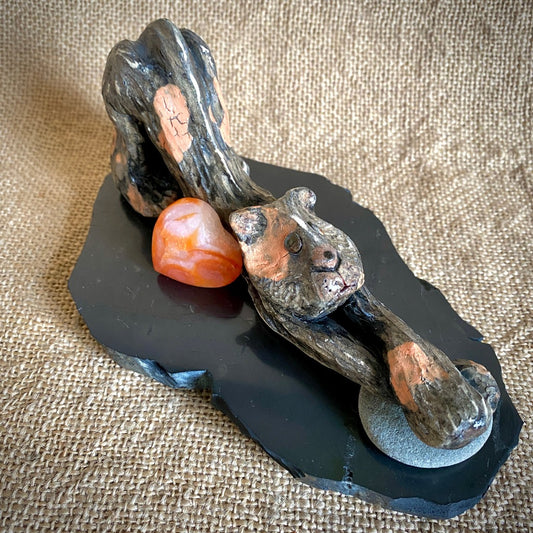 Stretching Kitty Stoneware Sculpture on Shungite Slab, Carnelian Heart