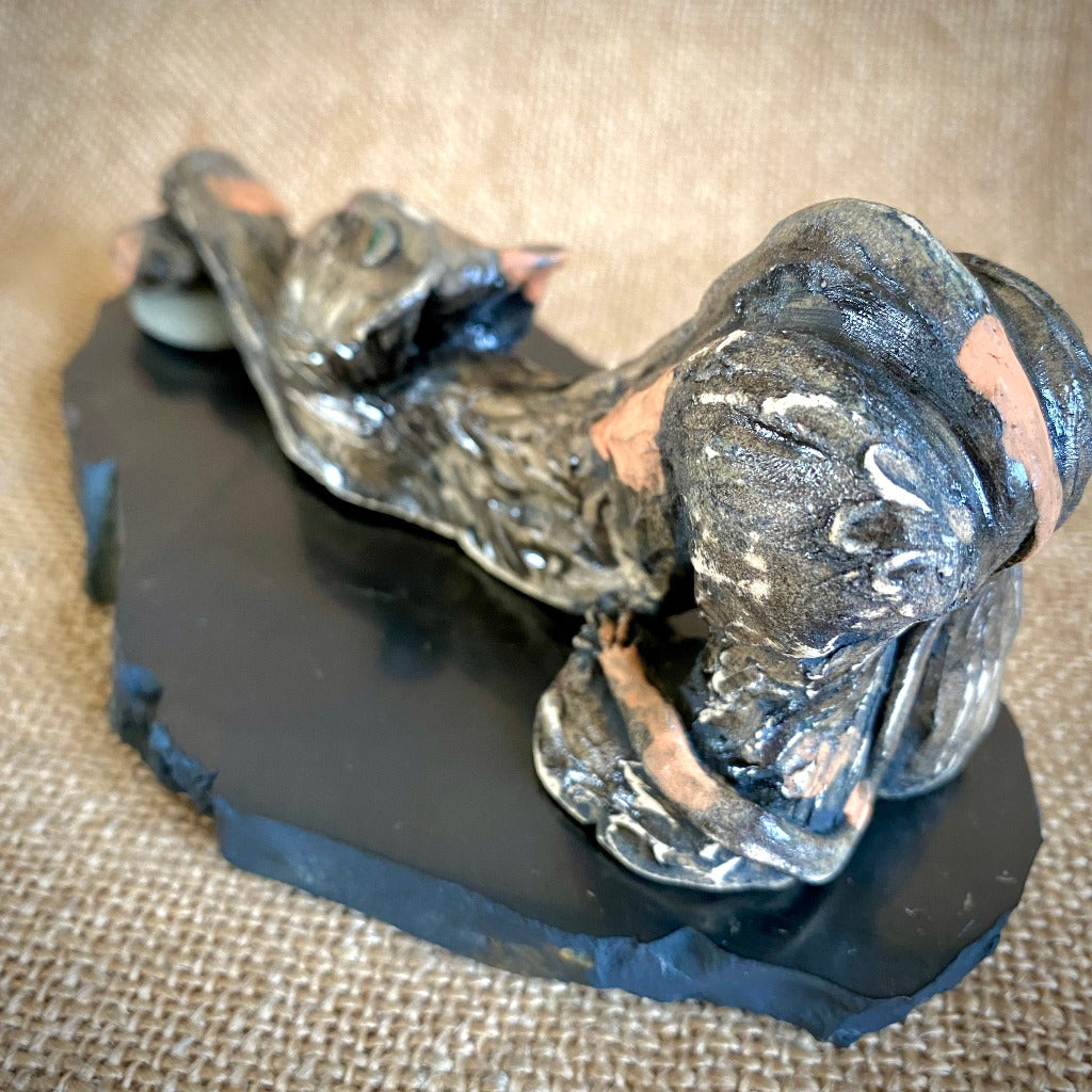 Stretching Kitty Stoneware Sculpture on Shungite Slab, Carnelian Heart
