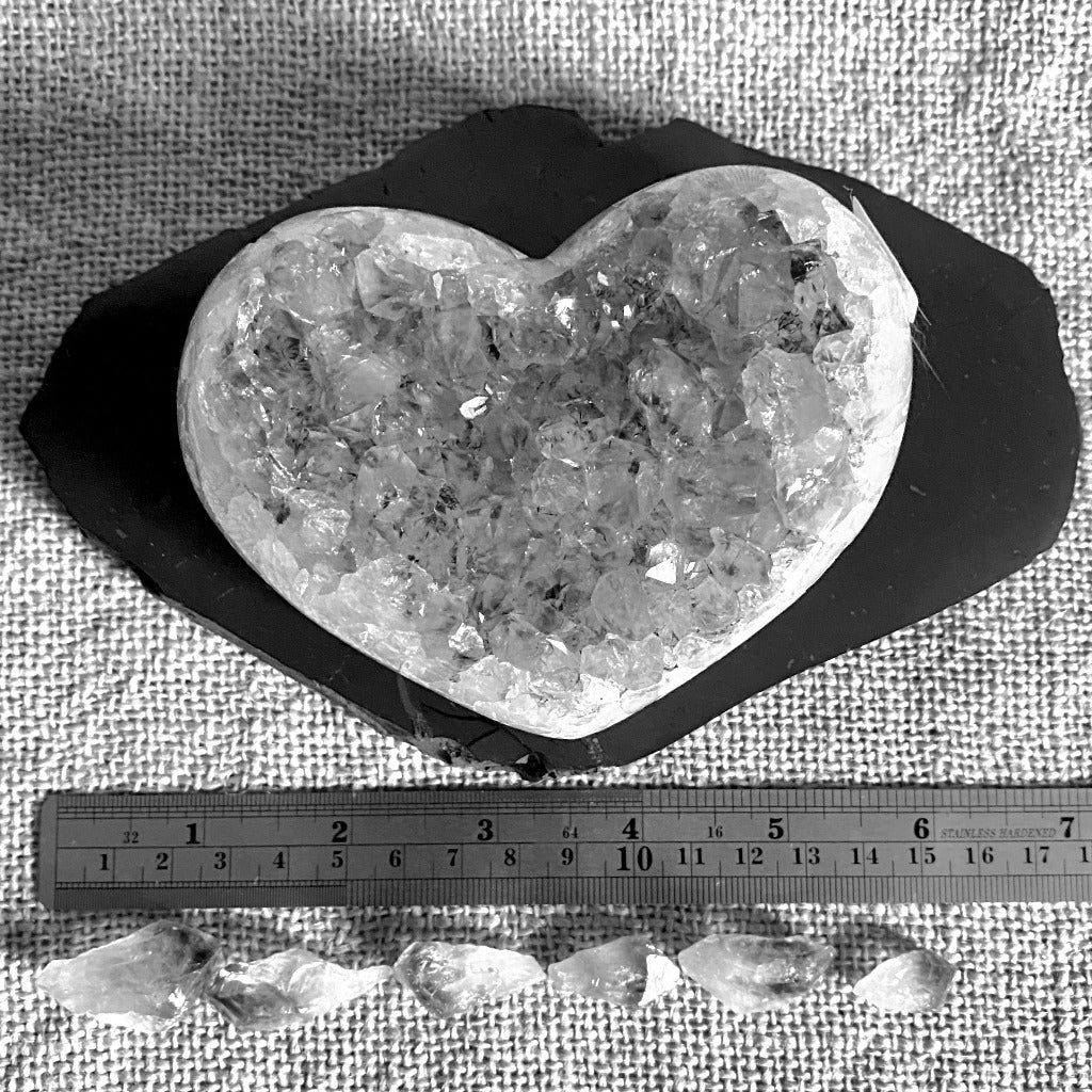 Druzy Agate Heart & Amethyst Points on Irregular Shungite Slab
