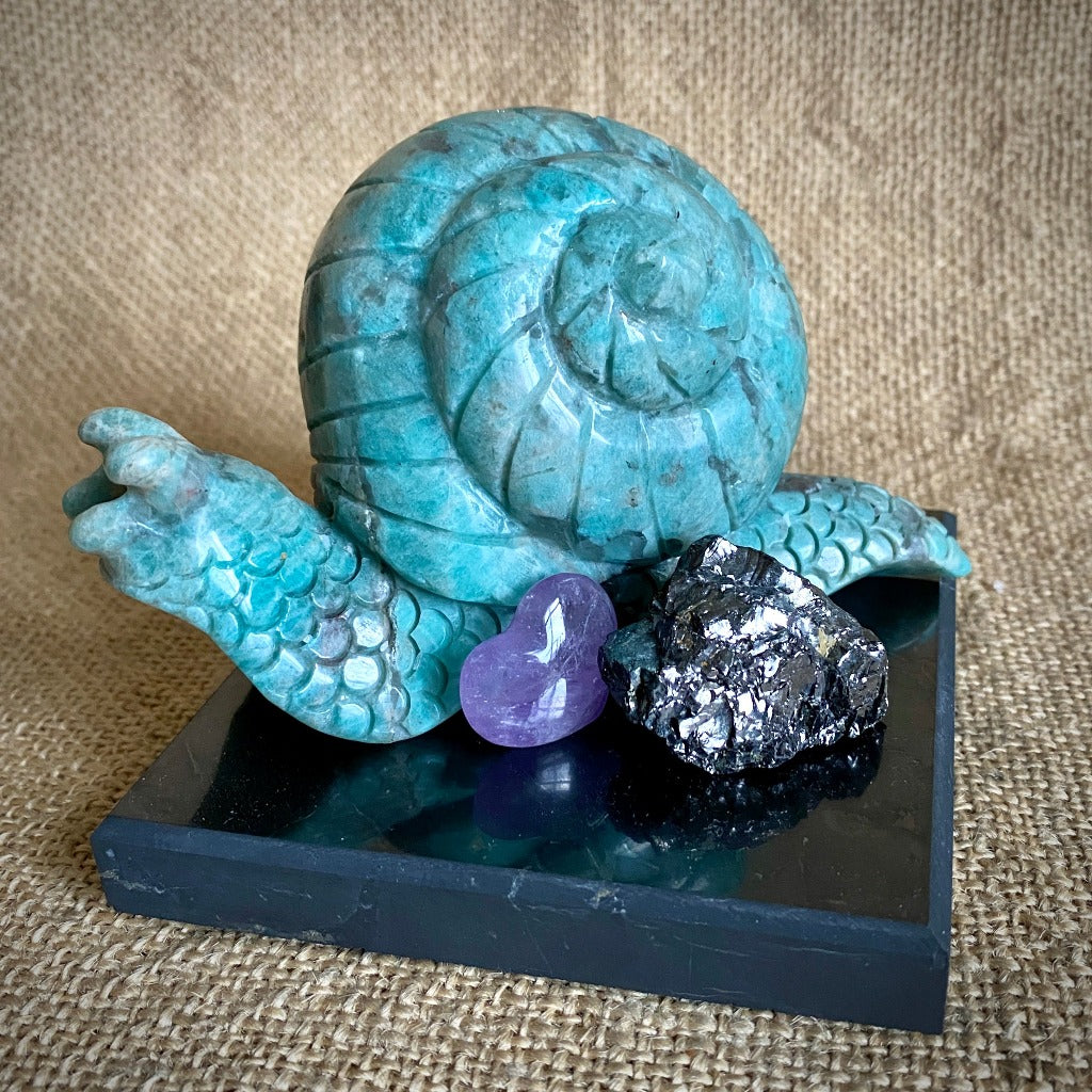 Fabulous Amazonite Snail with Elite Shungite Nugget on Shungite Tile