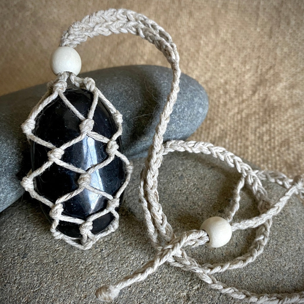 Black Shungite Macrame Basket Necklace, Natural Hemp, Adjustable