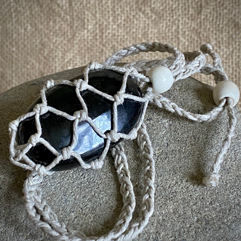 Black Shungite Macrame Basket Necklace, Natural Hemp, Adjustable