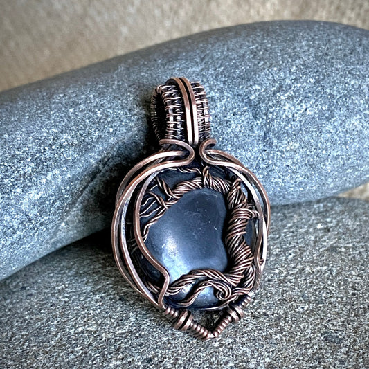 Black Shungite Pendant with Antiqued Copper Tree of Life Setting