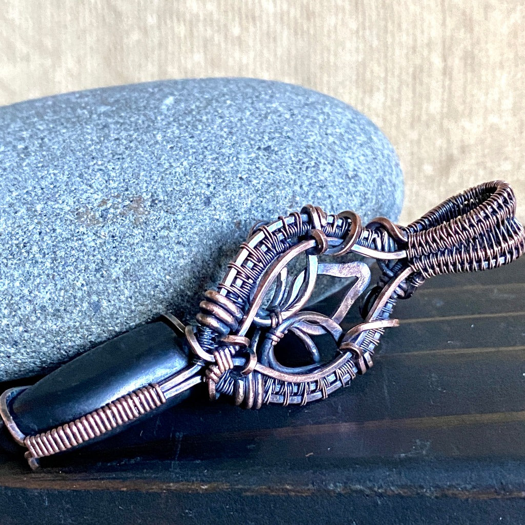 Black Shungite Pendant with Antiqued Copper Lotus & Labradorite
