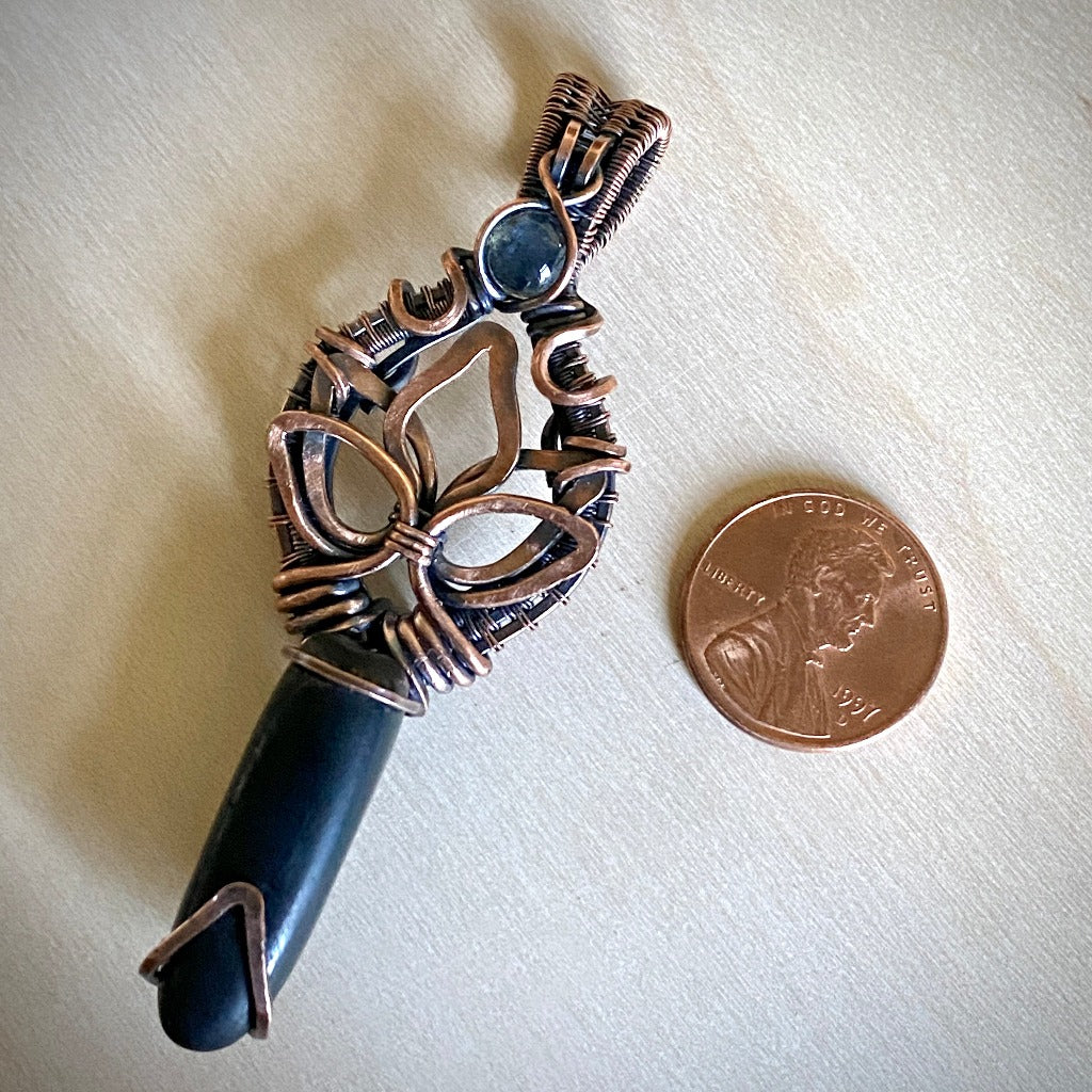 Black Shungite Pendant with Antiqued Copper Lotus & Labradorite
