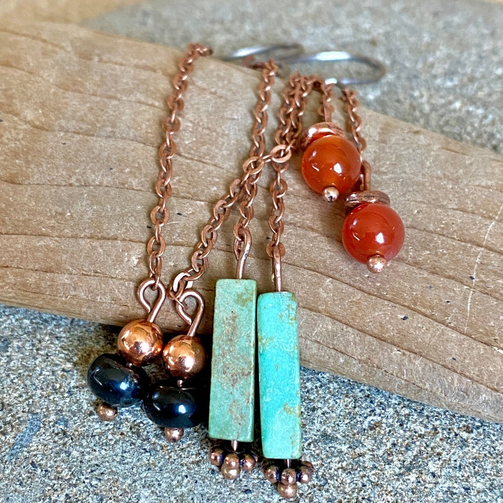 Dangly Earrings w/Vintage Turquoise Tube Beads, Carnelian, Copper